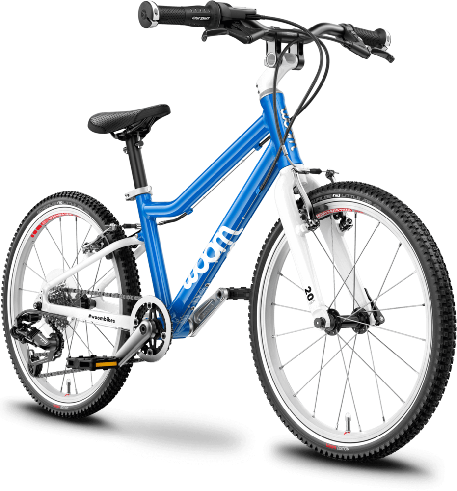 Detský ľahký bicykel WOOM 4 - JUNIOR BALÍČEK (Farba modrá; Stojan Woom, Fľaša GLUG s držiakom, Blatníky, Zvonček Bing)