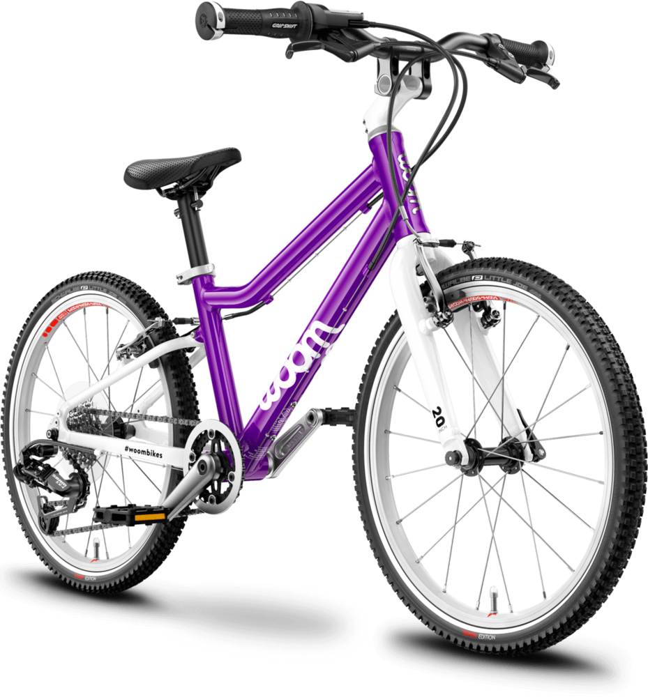 Detský ľahký bicykel WOOM 4 - JUNIOR BALÍČEK (Farba fialová; Stojan Woom, Fľaša GLUG s držiakom, Blatníky, Zvonček Bing)