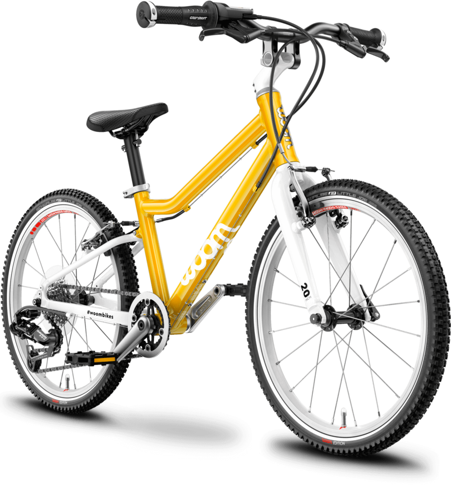Detský ľahký bicykel WOOM 4 - JUNIOR BALÍČEK (Farba žltá; Stojan Woom, Fľaša GLUG s držiakom, Blatníky, Zvonček Vienna)